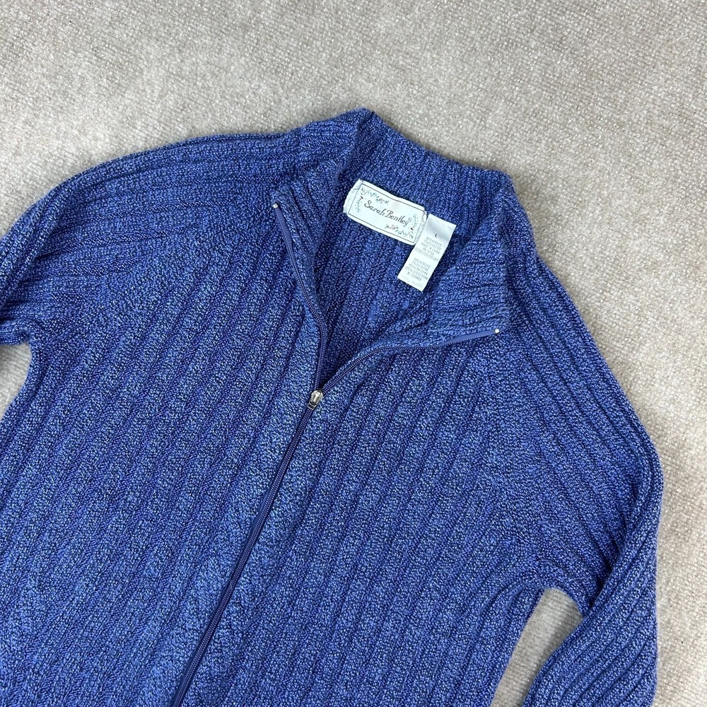 Sarah Bentley Cardigan Sweater Womens Large Blue Ribbed Knit Mock Neck Full Zip